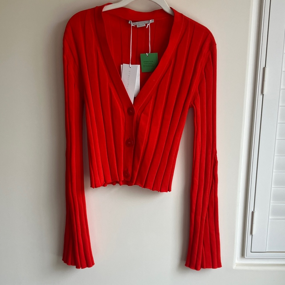STELLA MCCARTNEY Bright Red Ribbed Cotton L/S Cardigan w/ Buttons Size 42 NWT
